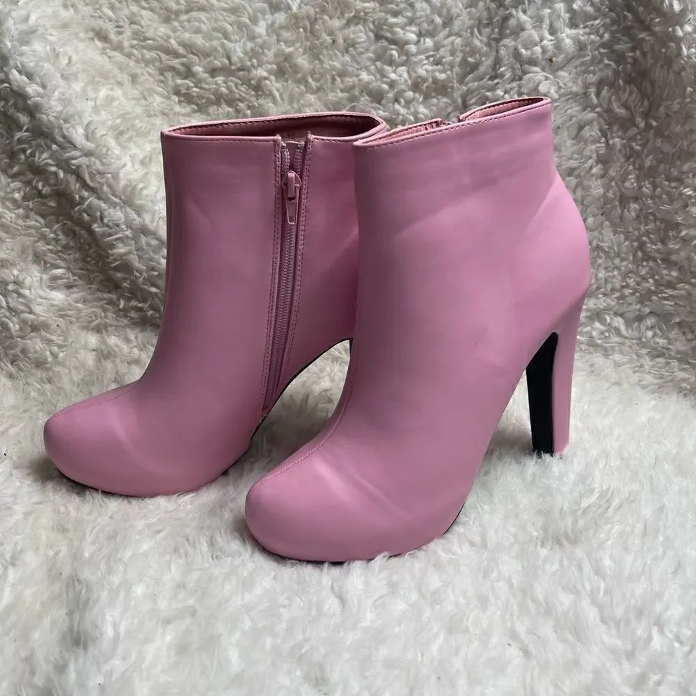 Allegra K faux leather pink ankle boots hidden platform heels side zipper SZ10